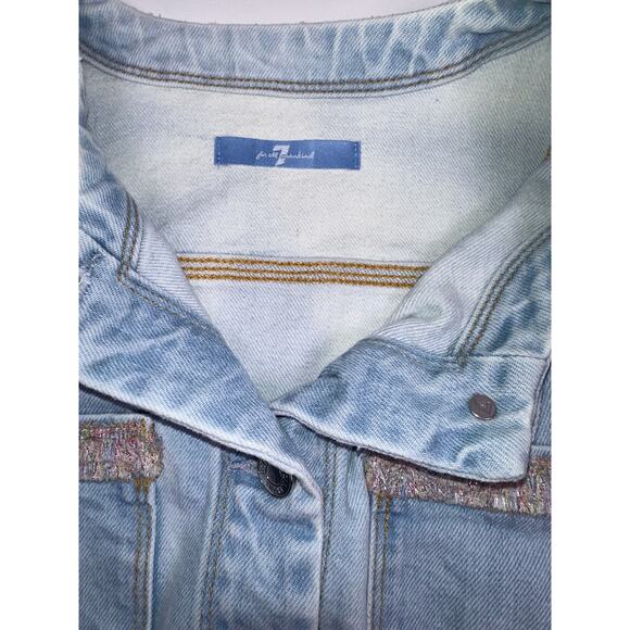 7 For All Mankind Light Wash Blue Denim Jacket Pink Fringe Detail Women’s Size S - Picture 7 of 12